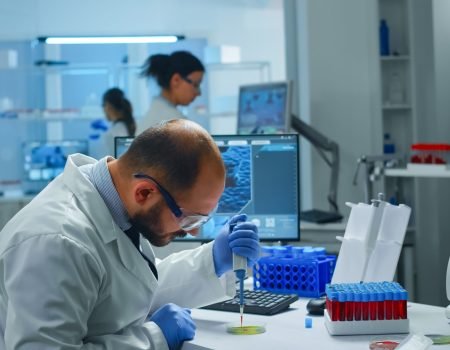 scientist examining drug discovery putting blood sample in petri dish with micropipette. scientist examining drug discovery putting blood sample in petri dish with micropipette.